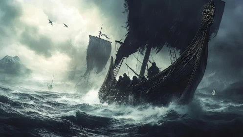 Storm-lashed Viking longships carve fury from iron seas.