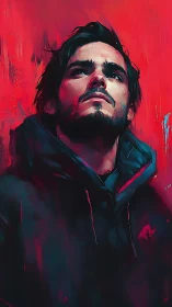 Man in hoodie rendered against intense red abstract backdrop