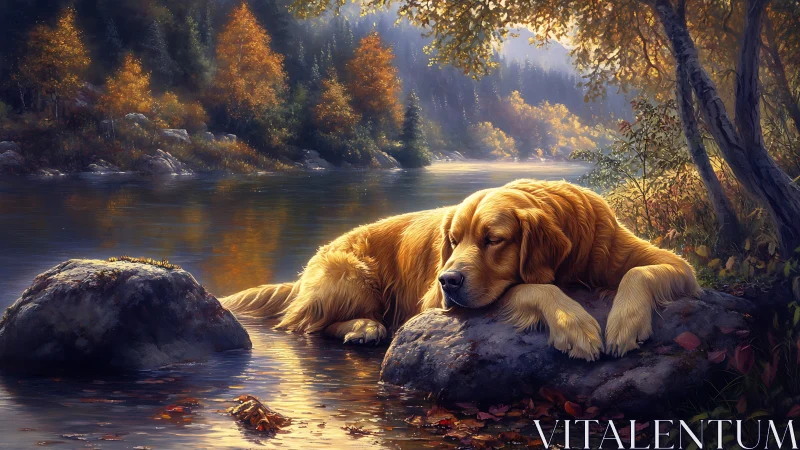 Golden retriever resting beside tranquil autumn river