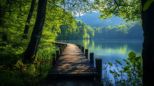 Timber jetty perspective across reflective forest lake waters.