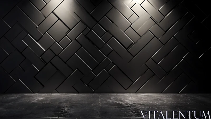Dark geometric wall with spotlighted industrial floor scene.