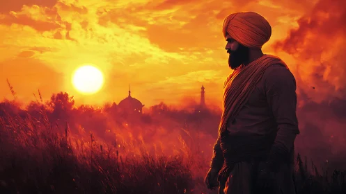 Turbanned man in field against orange sunset and domes.