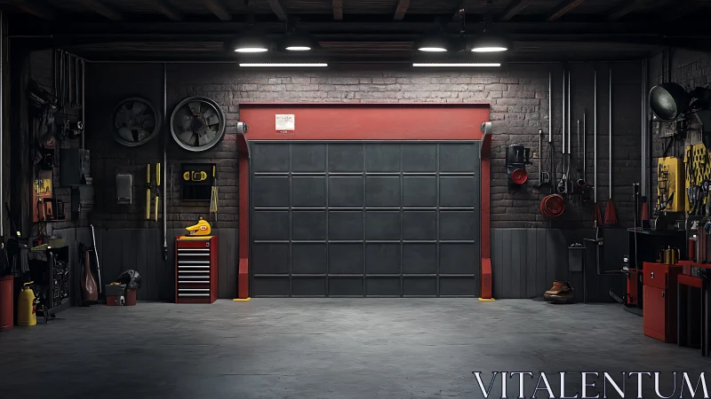 Organized industrial garage interior frames closed service door