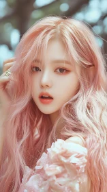 Soft pastel portrait of pink haired girl in dreamy bloom.