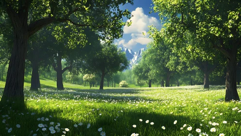 Alpine Valley Canopy: Sunlit Meadow Between Towering Trees.