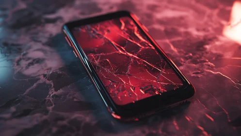 Cracked smartphone display under red-tinted specular lighting.
