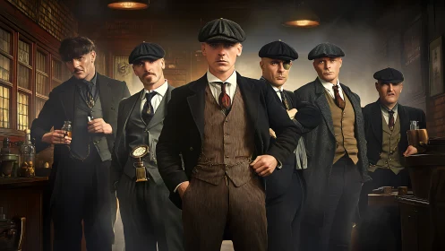 Period gangster ensemble stands in cinematic bar interior