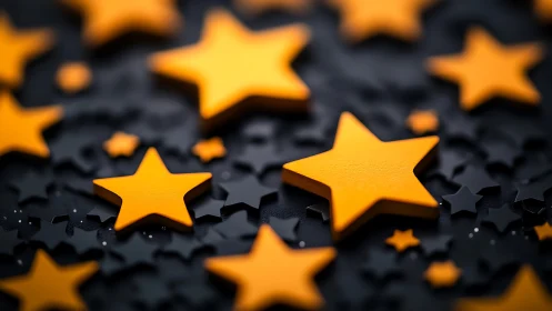 Golden rating stars glow over matte black background field.