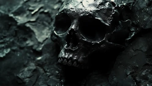 Human skull rests within dark textured surface under light