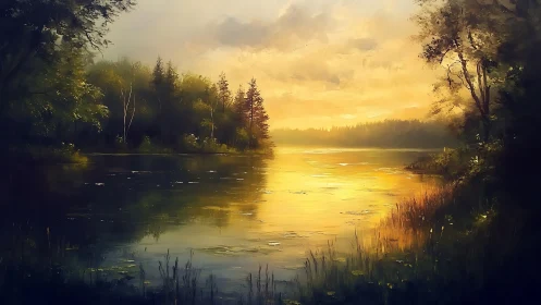 Golden hush over a forest lake at the edge of evening.