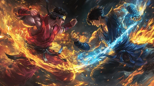 Elemental martial artists in opposing fire and water clash.
