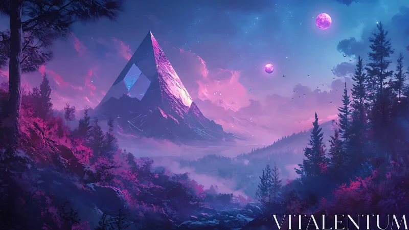 Neon pyramid monument in bioluminescent alien forest twilight.