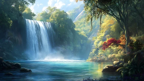 Emerald cascade sanctuary with sunlit mist and secret hush.