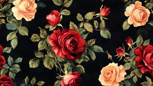 Red and Peach Roses Bloom Against Deep Black Background