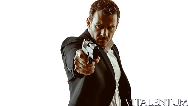 Cold-eyed agent levels pistol in stark white void.