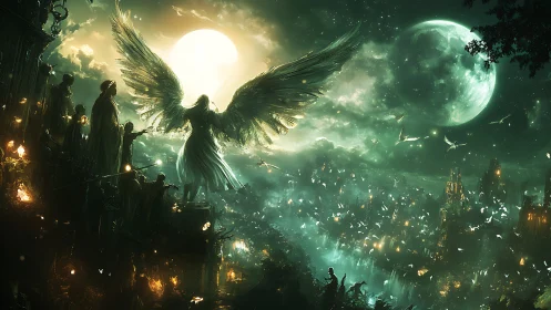 Celestial angel overlooks a glowing, moonlit fantasy city.