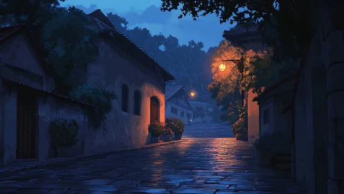 Quiet village lane under soft rainlit lantern glow.