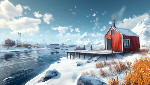 Red cabin on snowy shoreline with mountain backdrop