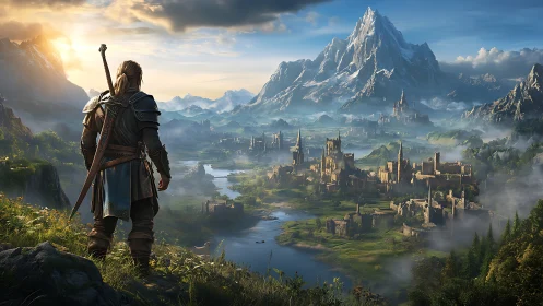 Lone wanderer greeting a sunlit valley kingdom below.