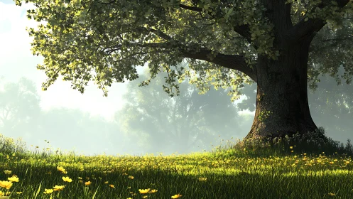 Large deciduous tree over grassy meadow with yellow flowers.