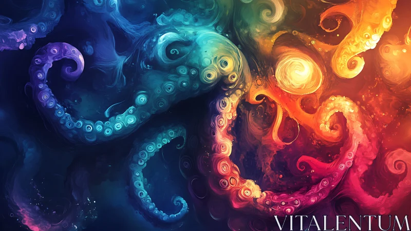 Neon octopus tentacles twist through swirling cosmic color.