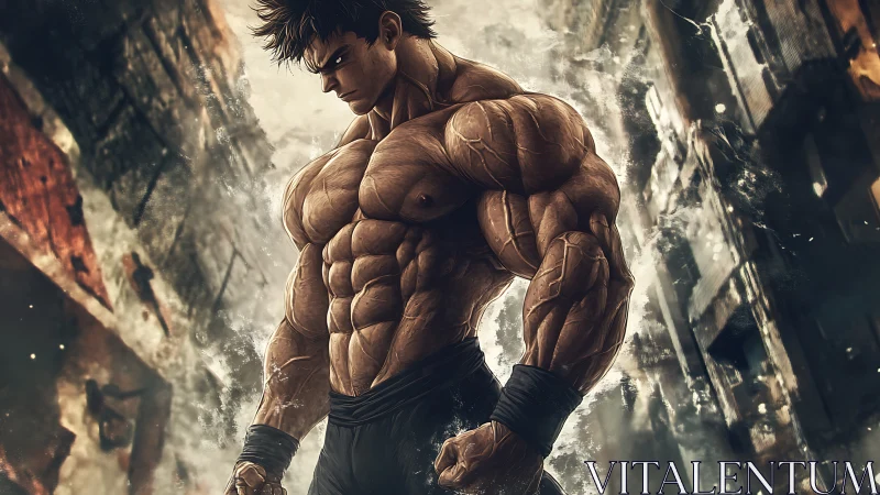 Titan-strong anime warrior broods in fractured city storm.