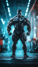 Hyperreal bodybuilder silhouette in neon gym arena.