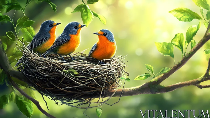 Three Colorful Birds in a Nest, Digital Nature Art Illustration.
