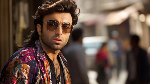 Man in patterned shirt with sunglasses on urban street.