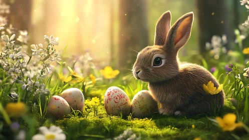 Backlit rabbit and painted eggs rendered in soft-focus forest bokeh