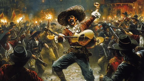 Revolutionary guitarist commands blazing night fiesta crowd.