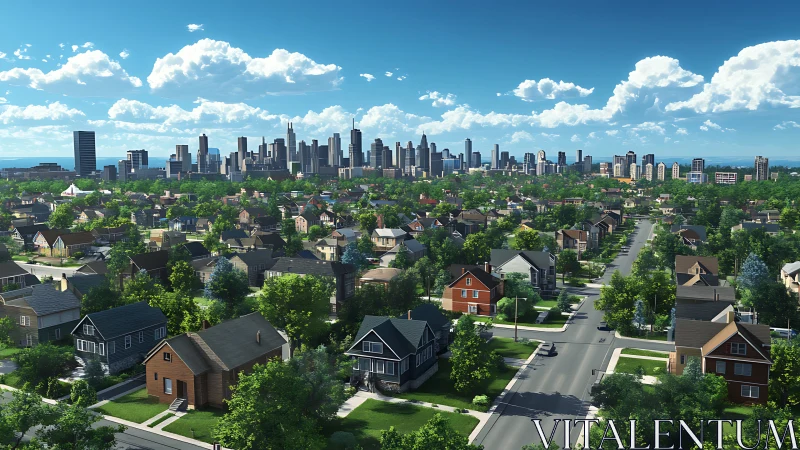 Sunlit suburbia stretches toward a shimmering glass skyline.