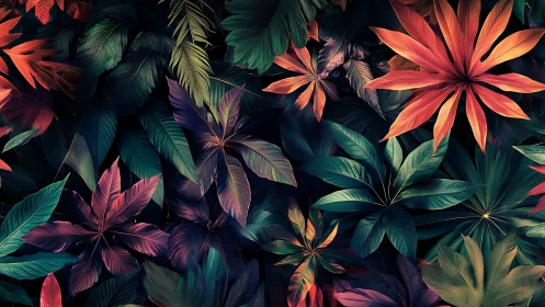 Colorful tropical leaves in dense abstract pattern.