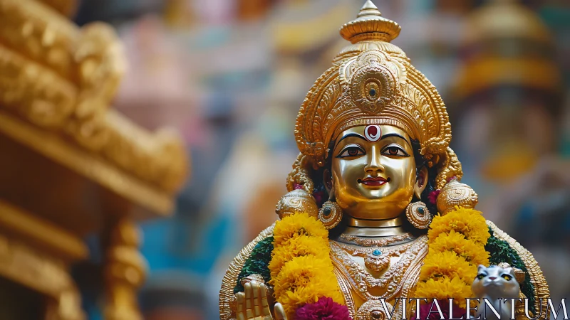 Golden Hindu deity statue with garlands in soft bokeh temple.