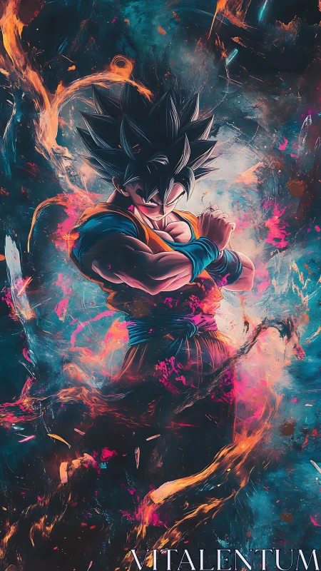 Energy-charged warrior stands amid swirling cosmic fire