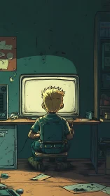 Retro glow surrounds boy absorbed in vintage monitor.