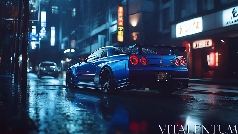 Midnight blue sports car glides through a neon city rain