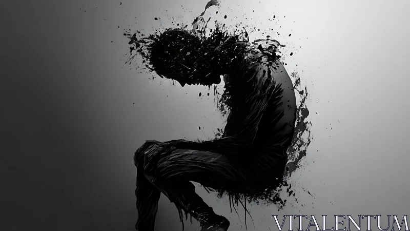 Silhouette of seated figure dissolving into black splashes.