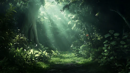 Dense rainforest canopy with dramatic light rays penetrating thick vegetation.