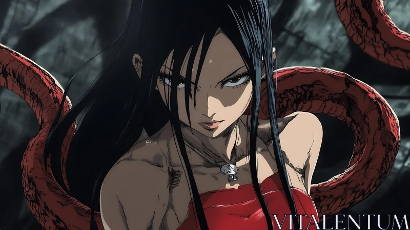 Vengeful dark siren wrapped in crimson demon tendrils.