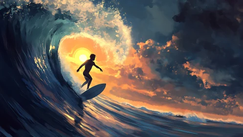 Surfer silhouette within curling wave at low sun horizon.