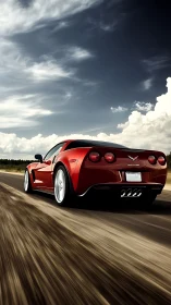Red sports car accelerates on open highway under clouds