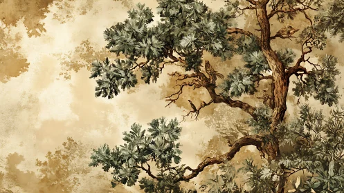 Weathered tree with songbirds on sepia botanical wall art.
