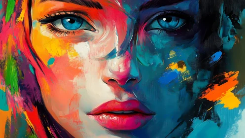 Vivid impasto portrait of blue-eyed woman in split spectrum color
