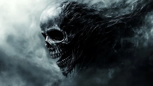 Skull-like form dissolving into dark swirling vapors.