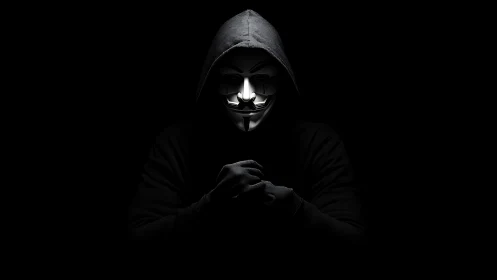 Hooded hacker in Guy Fawkes mask rendered with noir lighting