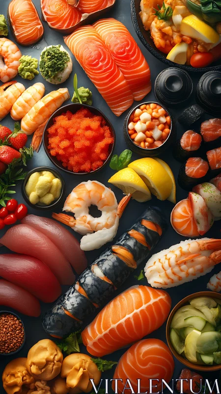 Colorful sushi feast with fresh salmon, shrimp, and rolls.