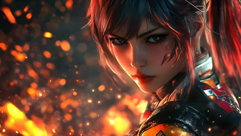 Fierce cyber heroine glowing with ember bright confidence.