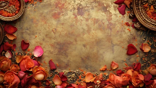 Rose petals and brass bowls on textured golden surface.
