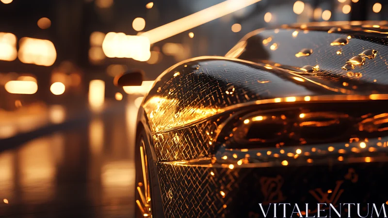 Luxury sports car rear in glowing city night rain scene.